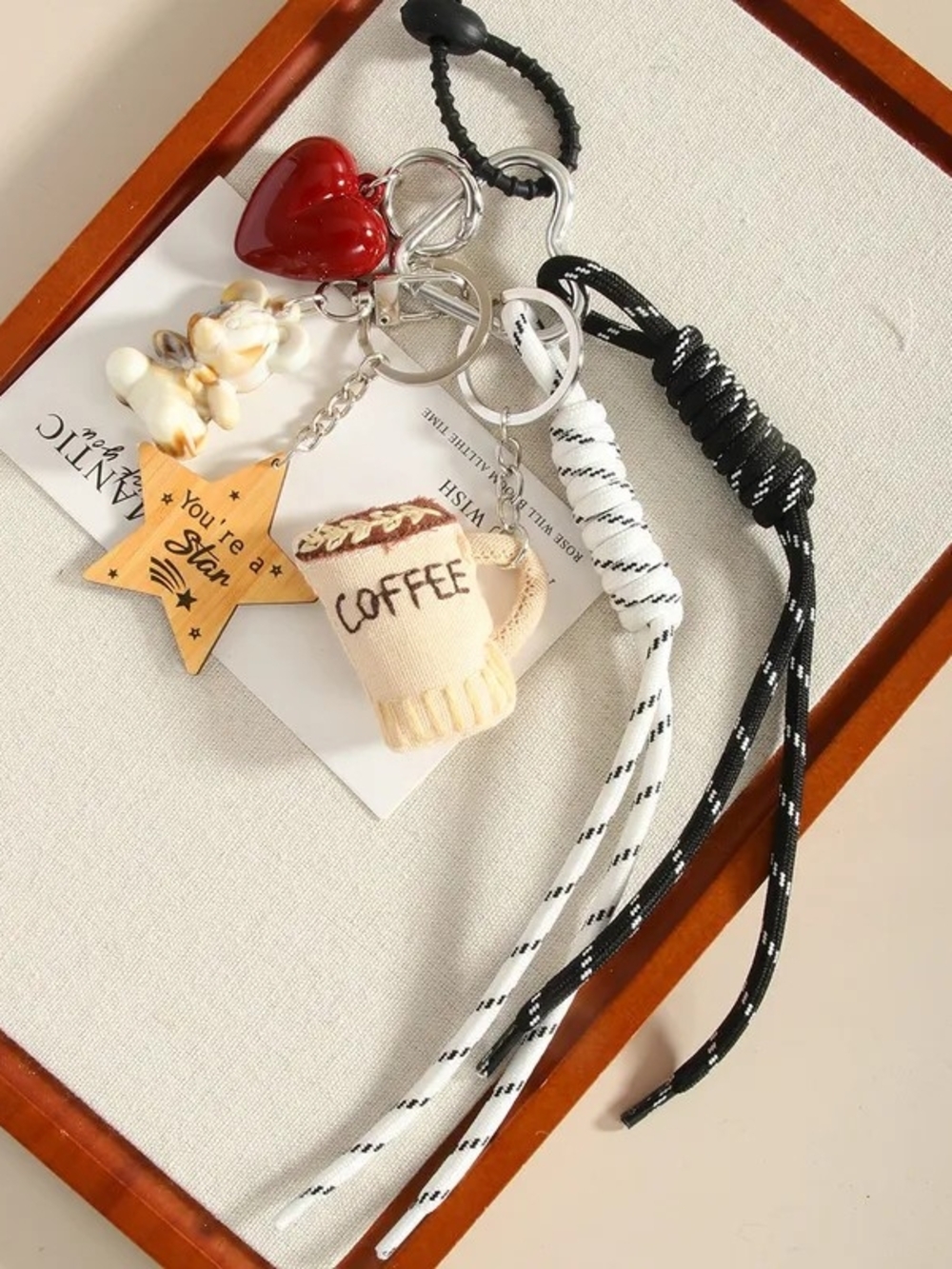 Coffee Mug & Heart Keychain Set - Black & White Tassel Charm